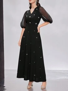 Modelyn Women's Bubble Sleeve Dress With Rhinestone ,Elegant Evening Party Dress Long Evening Dresses - Black - View 3