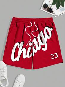 Manfinity Roghcode 男士字母印花抽绳腰短裤 纯色 深红色 - 紅色 - 查看 3