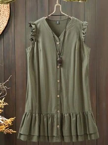 SHEIN LUNE 大尺寸純色前鈕袖襟連衣裙 - 軍綠色 - 查看 1