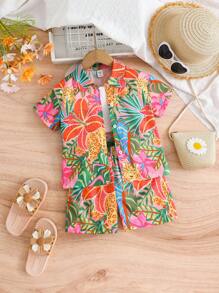 SHEIN Conjunto de tres piezas informal para niña joven con estampado tropical para vacaciones de verano - Multicolor - Ver 3