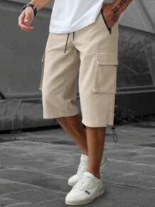 Manfinity LEGND Shorts masculina de cor sólida com bolso de virar e cordão na cintura, calça casual de carga lisa, para presente de marido e namorado