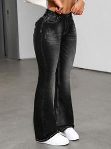 SHEIN ICON Washed Flared Jeans With Slanted Pockets - Black - View 1