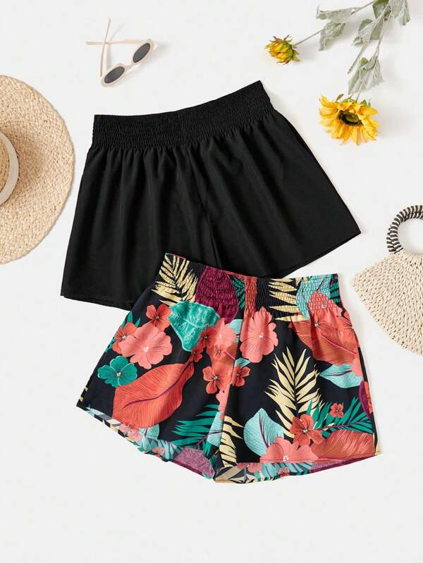 SHEIN VCAY 2pcs/Set Plus Size Set Of Botanical Print Tops And Solid Color Summer Boho Shorts