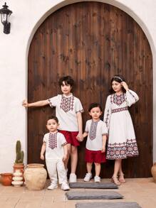 SHEIN 寶寶男童夏季假期幾何印花立領短袖上衣