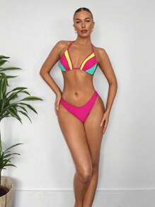 SHEIN Swim Women's Color Block Halter Tie Bikini Set Summer - Multicolor - View 1