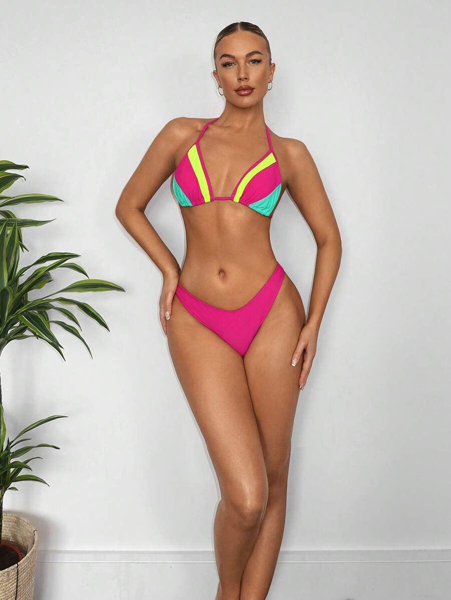SHEIN Swim Women's Color Block Halter Tie Bikini Set Summer - Multicolor - View 1