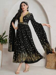 Al Najma V 领开衩下摆长裙简约时尚日常休闲 - 黑色 - 查看 5