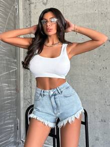 EURMUSE Rigid, Frayed Hem Detailed Short - Light Wash - View 4