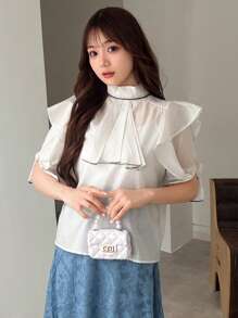 FRIFUL Blusa De Diseño De Dobladillo Con Volantes Y Bloques De Color Para Mujer