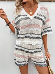 SHEIN VCAY Women's Stripe Casual Knitted Sweater 2pcs/Set - Multicolor - View 4