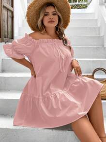 SHEIN VCAY 加大號露肩荷葉邊散摺連衣裙 - 粉色 - 查看 4