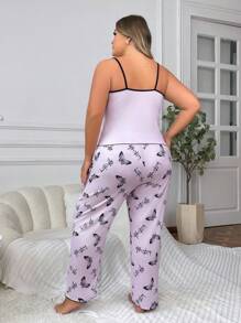 SHEIN Conjunto De Pijama De Dos Piezas Con Tirantes Butterfly Y Pantalones Largos Para Tallas Grandes - Morado - Ver 2