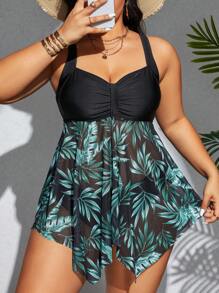 Swim Lushoire Ensemble de maillot de bain d'été plante d'impression plus taille. Mini robe de plage épissure et culotte triangle de couleur unie