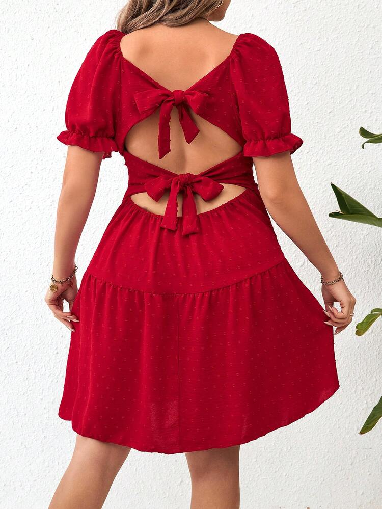 Plus Size Square Neck Raglan Sleeve Swiss Dot Dress