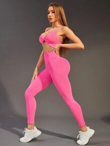 Gameset SHEIN Sport 無縫高彈性瑜伽運動女士運動服,後肩帶可調節 - 粉色 - 查看 5