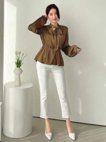 Dazy Designer Women's Waist Drawstring Design Shirt With A Sense Of Style,Ruffle,Fall Women Clothes Long Sleeve Top - Khaki - View 2