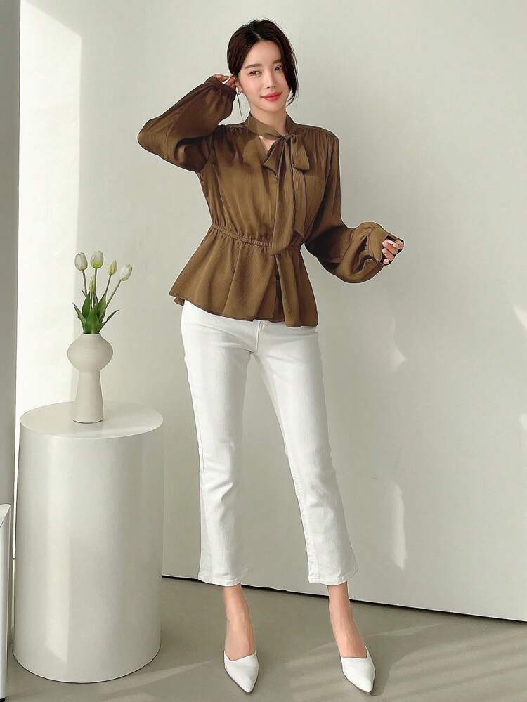 Women's Waist Drawstring Design Shirt With A Sense Of Style,Ruffle,Fall Women Clothes Long Sleeve Top