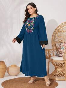 Al Najma Plus-Size Women's Floral Embroidery & Color Blocking Long Sleeve Arabic Clothing Kaftan Jalabiya Dress - Teal Blue - View 4
