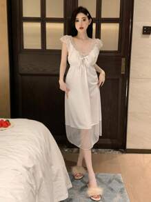 DAZY Women Romantic Mesh Lace Splicing Ruffle Trim Backless Nightgown Pajama - White - View 6