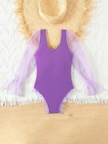 Tween Girl Mesh Spliced Flare Sleeve One Piece Swimsuit, Perfect For Summer Vacation Beachwear - Purple - View 2