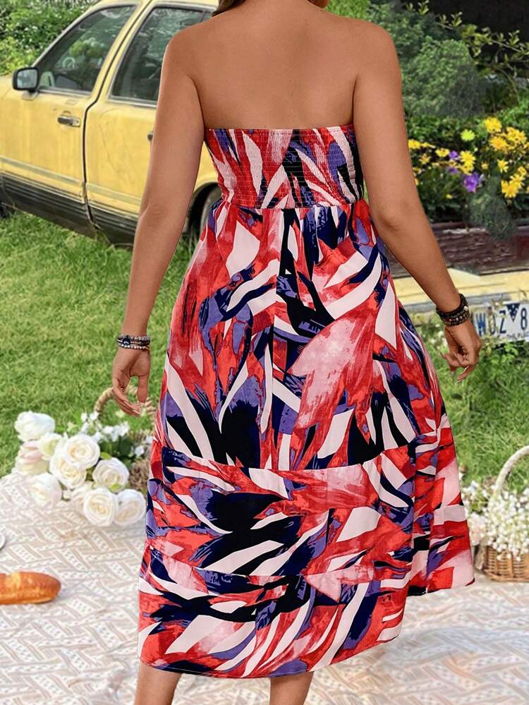 Plus Size Women's Full Printed Shirred Strapless Dress