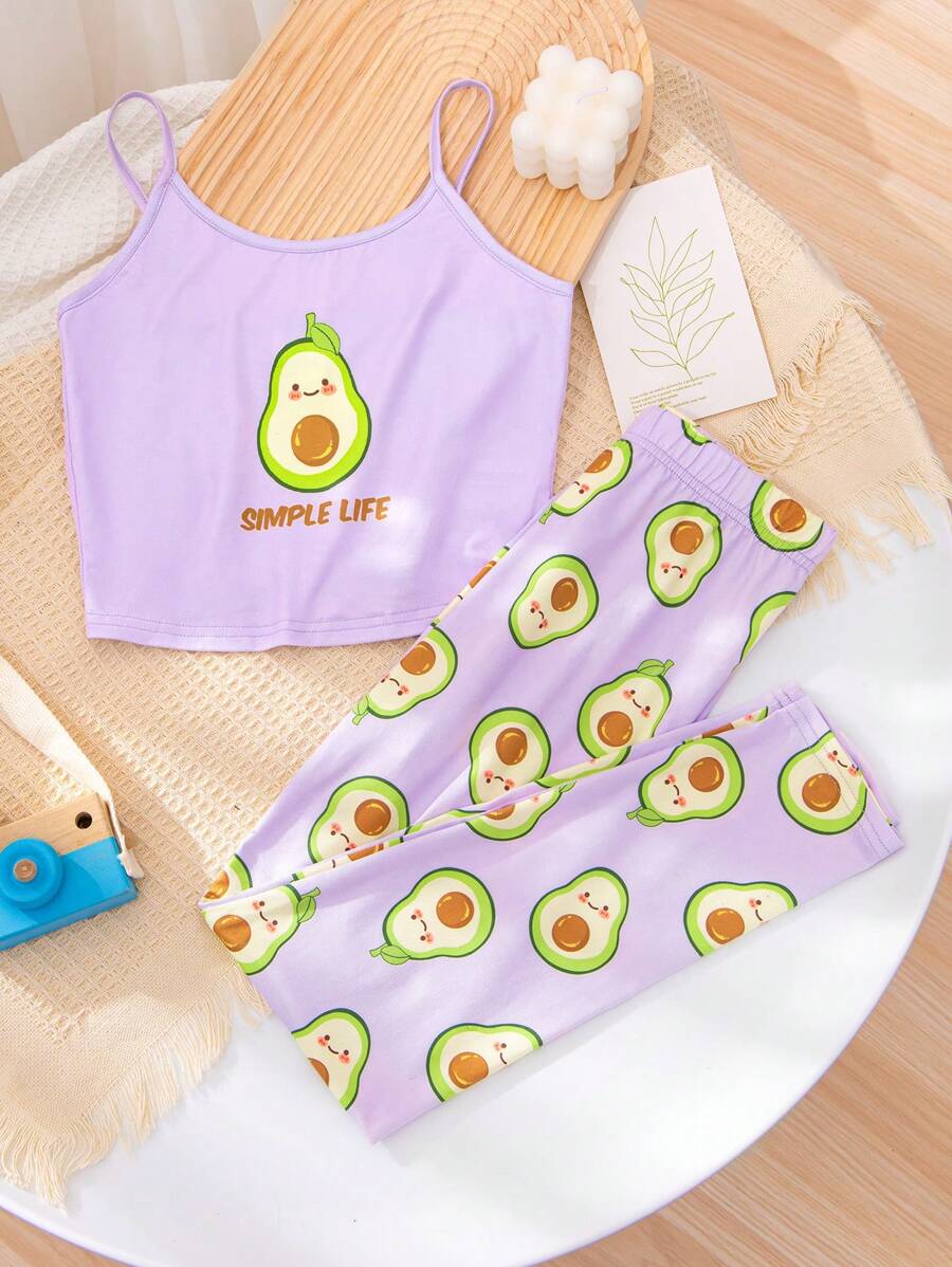 SHEIN Tween Girl Dễ Thương Họa Tiết Bơ Dệt Kim Thoải Mái Thông Thường Mặc Ở Nhà Với Áo Tank Top Và Quần Dài - Màu tím hoa cà - Xem 1