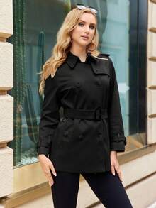 GASMAN Women's Single-Breasted Solid Color Long Sleeve Trench Coat - Black - View 3