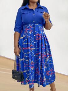 SHEIN Clasi Plus Size Dây chắp vá In eo-Cinching Nút phía trước - Nhiều màu - Xem 1