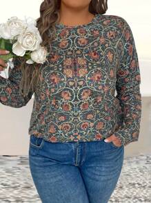 SHEIN LUNE 大码复古花卉印花长袖 T 恤图案 T 恤女式上衣适合春季服装