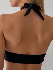 SHEIN Swim Solid Halter Top And Striped Bottom Swimwear Set Summer - Black and White - View 6