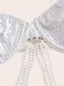 Holographic Fish Scale Print Pearls Beaded Mermaid Costume Set - Multicolor - View 3