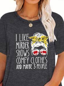 Plus Size Round Neck Slogan & Figure Printed Short Sleeve T-Shirt