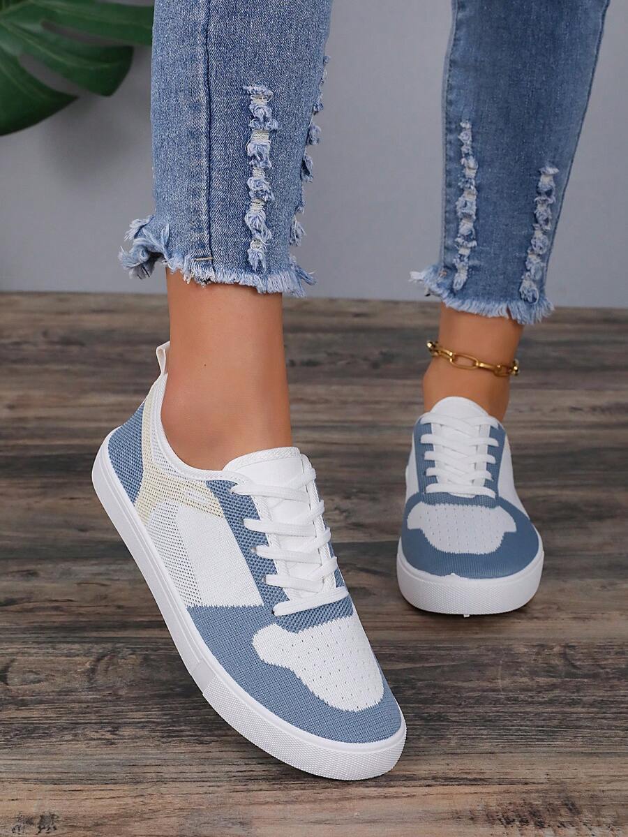 Fashionable Women's White Sneakers For All Seasons, Breathable, Suitable For Casual/Sports Activities - Blue - View 1