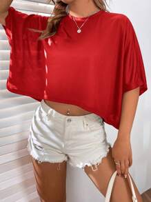 SHEIN EZwear Camiseta Sólida Corta De Manga Murciélago - Rojo - Ver 4