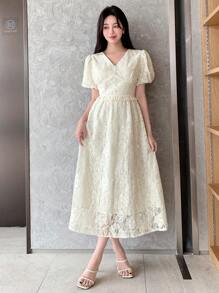 DAZY Vestido de manga corta con cuello en V de encaje, manga abullonada y cintura ceñida para mujer, vestido de verano