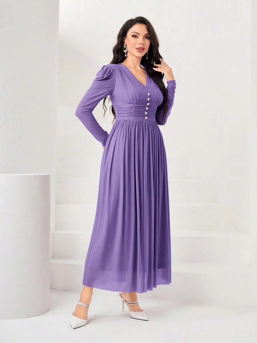 Modelyn Women's Solid Color Pleated Elastic Waist Bubble Sleeve Dress Long Evening Dresses - Lilac Purple - View 1