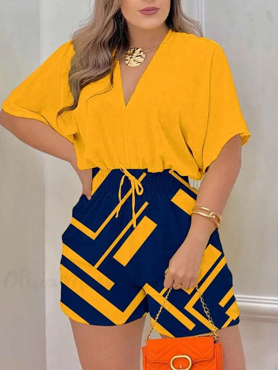 EMERY ROSE Cổ chữ V Dây rút không lưng Khối màu In hoa Romper - Nhiều màu - Xem 1