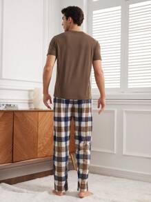 SHEIN Men's Solid Color Short-Sleeved Top & Plaid Pants Homewear Set - Coffee Brown - View 2