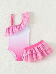 SHEIN Baby Girl Ruffle One-Piece Swimsuit With Matching Mesh Skirt - Pink - View 5