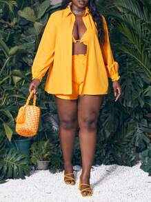 Slaydiva Kích thước lớn Của phụ nữ Giải trí Mở Mặt trước Tay áo dài Áo khoác , Quần skinny Áo hai dây Và Quần short 3 cái/bộ Đối với Kỳ nghỉ Và Thời gian rảnh rỗi - Màu vàng - Xem 3