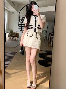 DAZY Color Block Short Sleeve Top With Button Front And Skirt With Rolled Hem, Women Two Pieces Sets