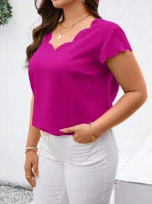 SHEIN Clasi Blusa de manga corta con cuello en V y dobladillo curvo para mujer de talla grande - Rojo violeta - Ver 5