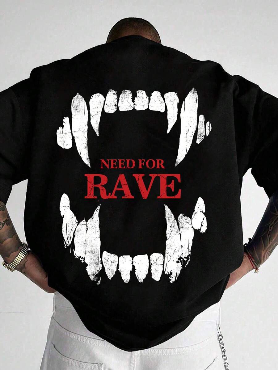 Manfinity Dauomo Men's Round Neck Short Sleeve T-Shirt With Teeth & Letter Print - Black - View 1