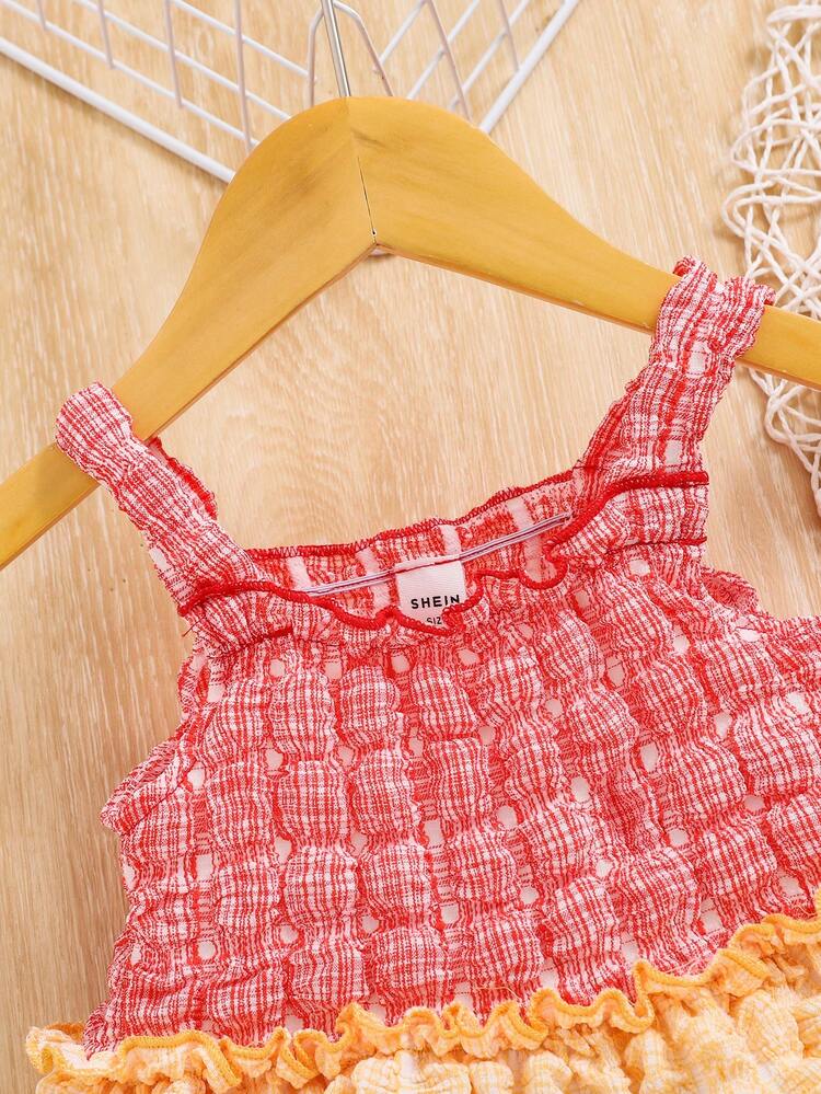 Baby Girl Summer Color Contrast Textured Ruffle Trim Decor Sleeveless Dress