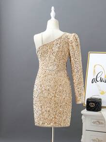 SHEIN Tween Girls'  Sparkly Asymmetrical Shoulder Mid-Length Formal Dress, Suitable For Parties, Birthdays, Performance And Other Occasions, Autumn