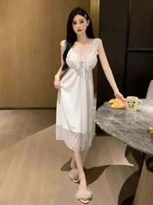 DAZY Women Romantic Mesh Lace Splicing Ruffle Trim Backless Nightgown Pajama - White - View 3