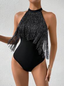 Chiquease 修身剪裁流蘇裝飾露頸連體褲 - 黑色 - 查看 5