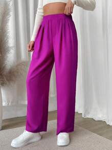 SHEIN Unity High Waist Plicated Detail Straight Leg Pants Fall Cloth For Women - Red Violet - View 3