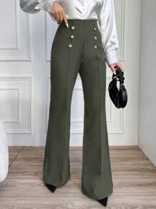 EURMUSE Women's Double-Breasted Button Decoration Pants - Dark Green - View 4