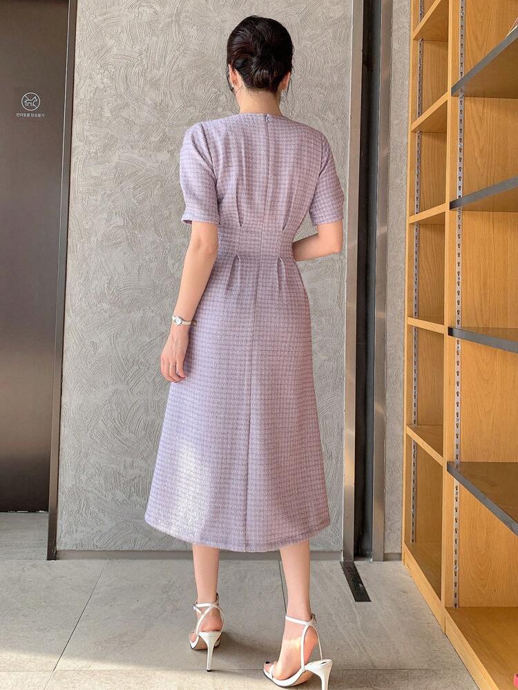 Plaid Texture Round Neck Bubble Sleeve Pleated Waist Midi Dress For Women